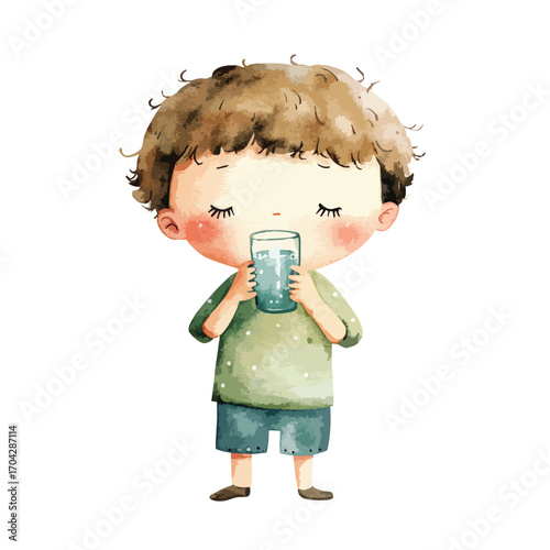 Watercolor Illustration of a Boy Serenely Drinking Water