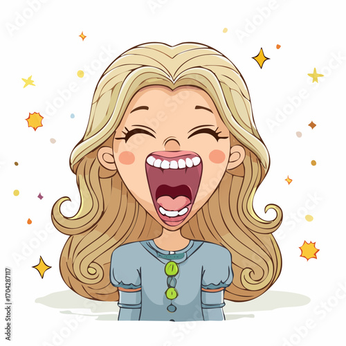 Vibrant cartoon illustration of a joyful young woman bursting into loud, hearty laughter, embodying pure happiness and unbridled excitement with sparkling accents