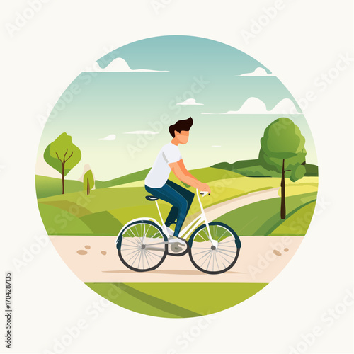 Young man enjoying a relaxing bicycle ride through a vibrant green park landscape, embracing outdoor activity and fresh air on a beautiful day