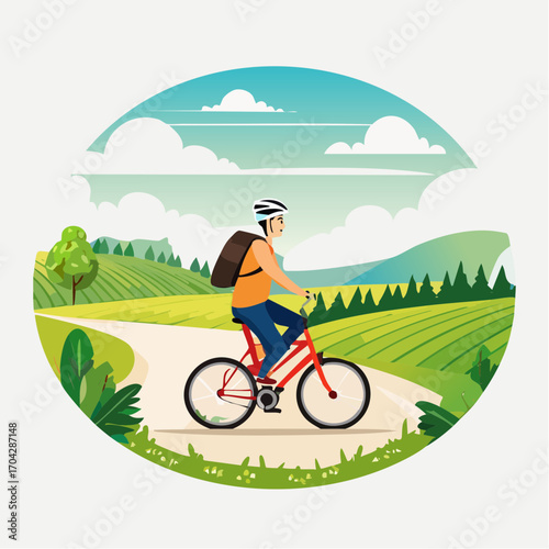 Cyclist enjoying a scenic ride on a bicycle through a picturesque countryside landscape with green hills