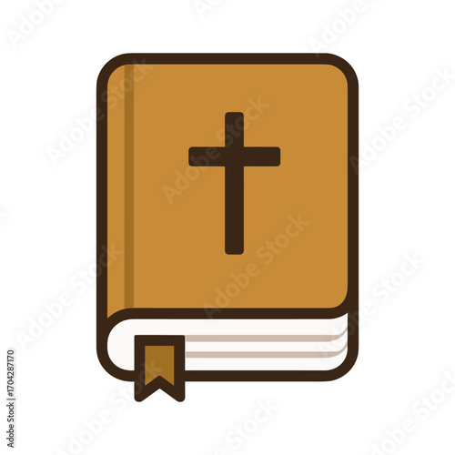 A stylized illustration of a Bible with a cross symbol on its cover, representing faith and religion