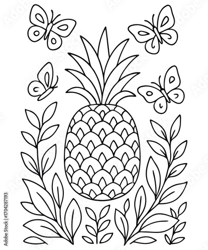 A black and white pineapple illustration line art of a coloring page