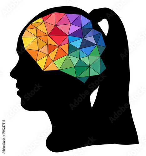 Abstract human head with geometric brain made of colorful triangles, symbol of intelligence, creativity, artificial intelligence and modern digital thinking, isolated vector illustration