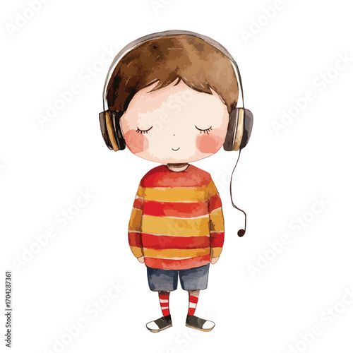 Watercolor Illustration of a Boy with Headphones Eyes Closed Listening to Music