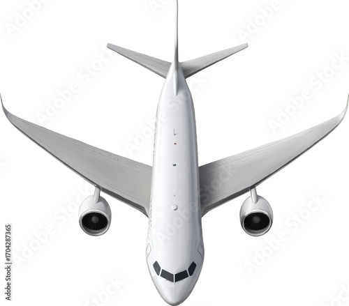 Top Down View of a White Modern Passenger Jet Airplane Isolated on a White Background aircraft