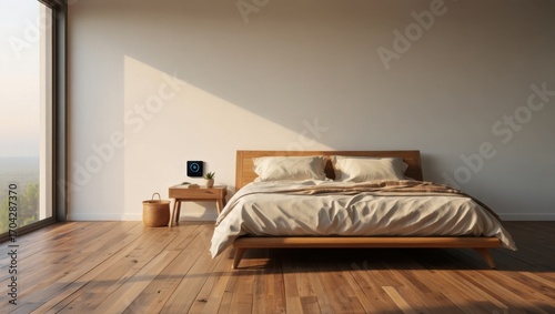 Modern Minimalist Bedroom Design Featuring a Wooden Bed, Natural Lighting, and Simple Decor for a Relaxing Atmosphere