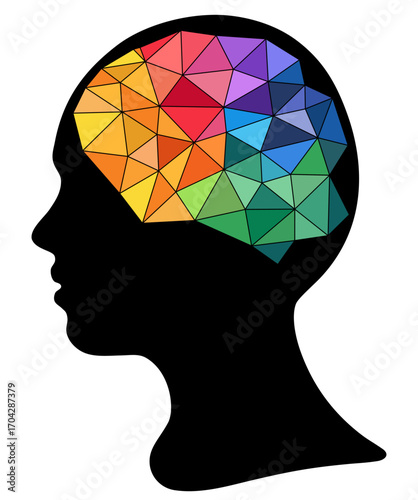 Abstract human head with geometric brain made of colorful triangles, symbol of intelligence, creativity, artificial intelligence and modern digital thinking, isolated vector illustration
