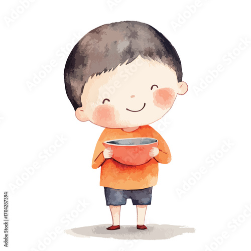 Watercolor Illustration of a Cheerful Boy Holding a Bowl