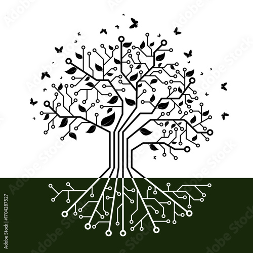Digital tree with electronic circuit branches and organic leaves surrounded by flying butterflies. Black and white vector illustration combining technology and nature, symbolizing digital transformati