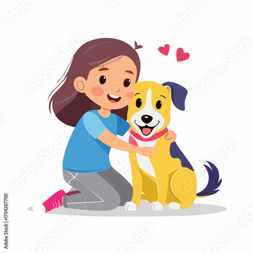 A charming illustration of a happy young girl tenderly hugging her beloved pet dog, symbolizing the special bond and companionship