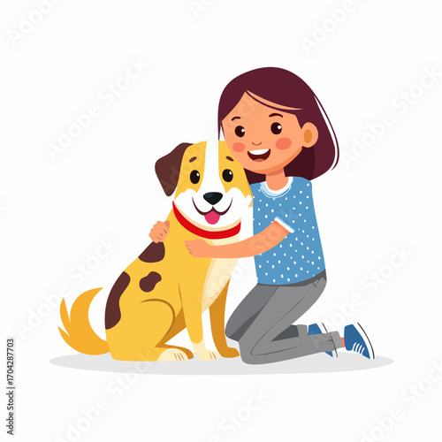 Young girl hugging her happy dog, enjoying quality time with her beloved pet