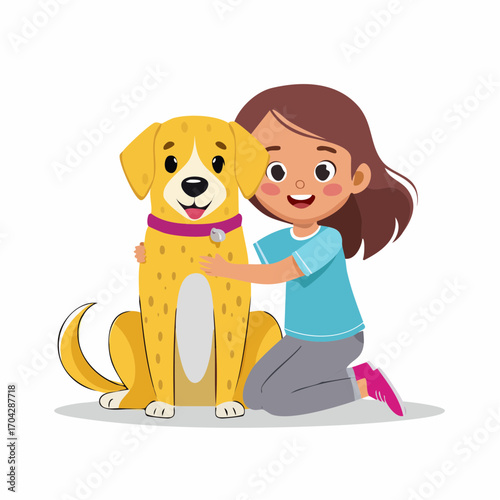 A happy young girl kneels with her golden retriever, showcasing the loving bond and companionship between a child and her beloved pet