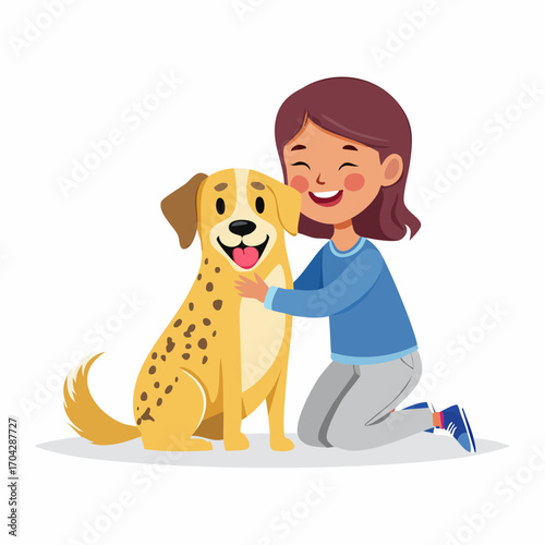 A heartwarming illustration capturing the joyful bond and companionship between a happy young girl and her beloved pet dog, emphasizing friendship and tender care