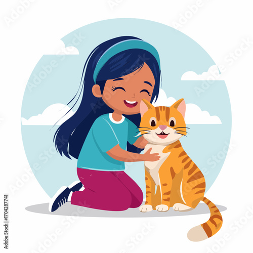The heartwarming friendship between a little girl and her beloved ginger cat in a sweet vector illustration