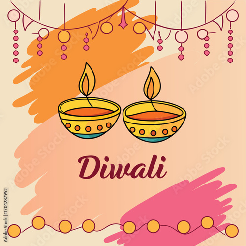 Diwali celebration with glowing oil lamps and festive decorations, perfect for holiday greetings