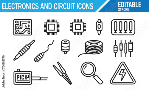 Digital engineering component icons for hardware, repair, and circuit design