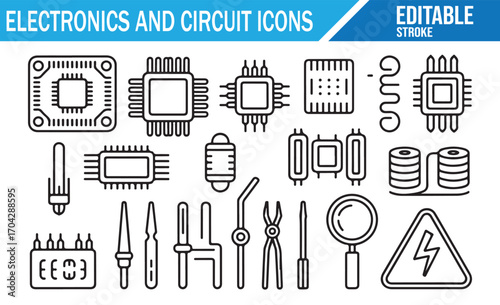 Outline electronics symbols pack including microchip, magnifier, and pliers