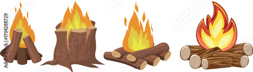 Burning Campfire with Wooden Logs Vector Illustration in Different Styles on Transparent Background 