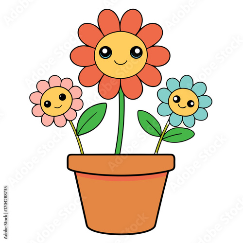 Tiny Potted Flowers — Children's Cartoon Vector, Transparent Background
 