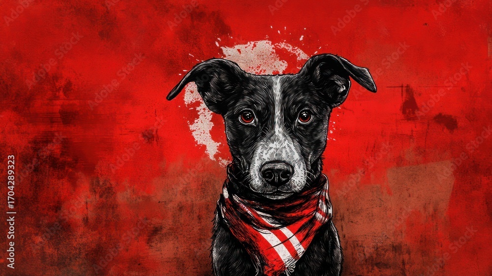 Obraz premium Dog portrait with red bandana on red backdrop
