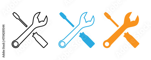 A simple, vector graphic design of crossed tools, a wrench and screwdriver, displayed in three different colors (black, light blue, and orange).