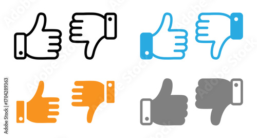 Four sets of thumbs up and down icons, displayed in black and white, blue, orange, and grey.