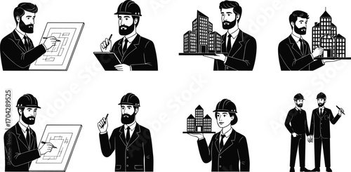 Architects and Engineers in Black and White Vector Illustrations with Building Models, Blueprints, Helmets, and Teamwork Concept Art