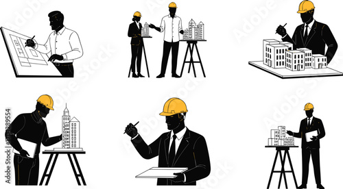 Architects and engineers working on construction plans, building models, project development, wearing hard hats, discussing design and structural planning