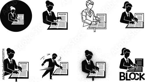 Business people signing registration book icons, authorization access block, office document registry, admin data entry vector illustration set.