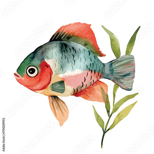Watercolor Illustration of a Colorful Fish with Green and Red Fins and Foliage