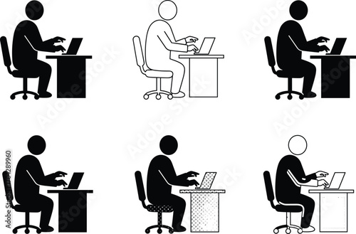 Businessman working at desk with laptop, office employee computer posture icon, workplace workstation seated silhouette vector set.