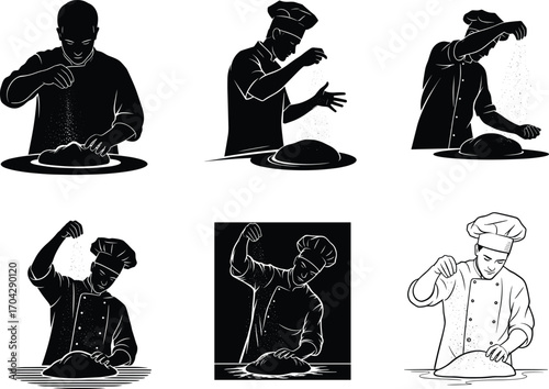 Chef Sprinkling Ingredients on Dough, Cooking Process Silhouette and Outline Vector Illustration Set for Culinary, Baking, Kitchen Concepts
