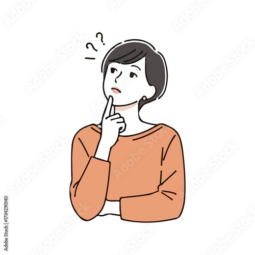 Woman with hand on chin thinking with question marks on white background questioning confused