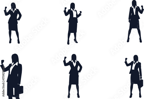 Confident Businesswoman Silhouettes in Power Pose Wearing Formal Attire, Empowerment and Leadership Concept Vector Set for Professional Use