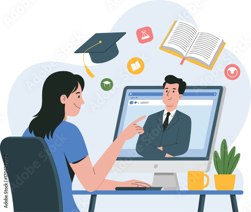 Online learning education student attends virtual class with teacher on computer screen