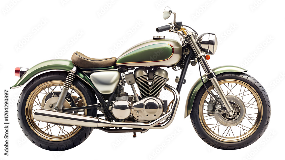 Obraz premium Vintage green motorcycle isolated on transparent background, showcasing classic design and style, perfect for enthusiasts and collectors