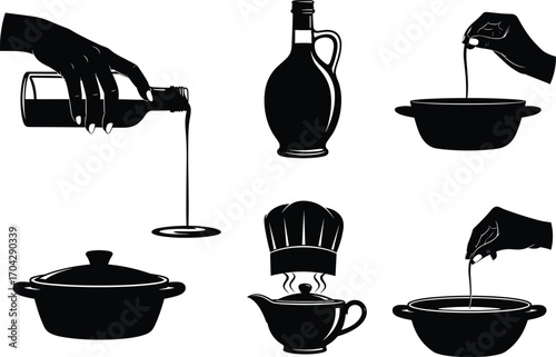 Cooking Icons of Hands Pouring Oil, Kitchen Pots, Chef Hat, Saucepan, Olive Bottle, Silhouette Vector for Culinary Design