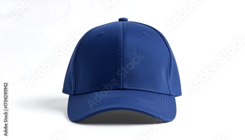 A solid cobalt blue baseball cap, front view, on white