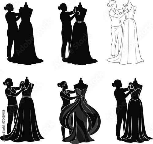 Fashion Designer Working on Dress Illustration with Mannequin – Silhouette and Line Art Vector for Tailoring and Clothing Projects