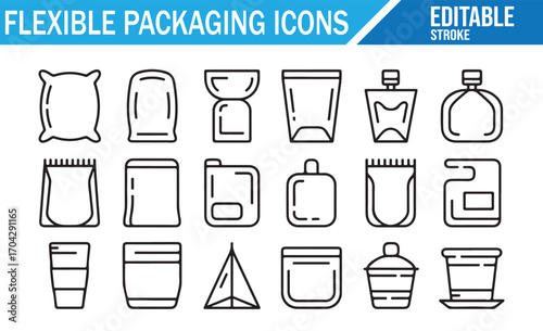 Flexible packaging vector set including bag, wrapper, and container symbols