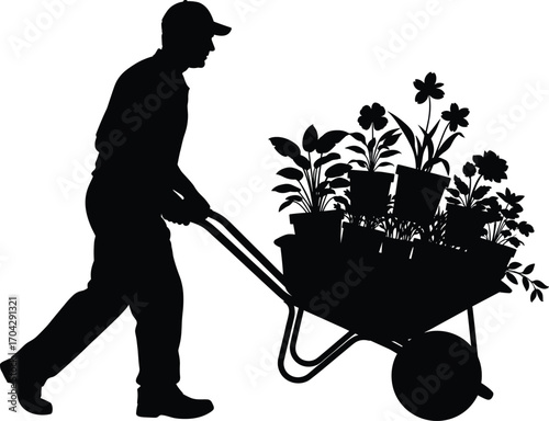 Gardener silhouette pushing wheelbarrow with potted plants and flowers, gardening work vector illustration, landscaping tools and outdoor plant care