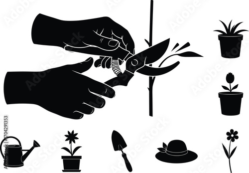 Gardening tools illustration showing pruning shears cutting stem, watering can, potted plants, flowers and garden hat vector icons set