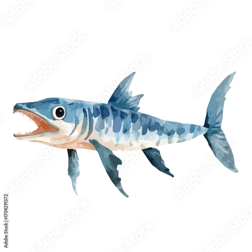 Watercolor Illustration of a Fierce BlueToned Fish with Open Jaws