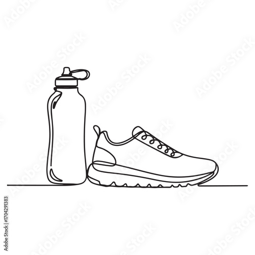 Single one line Art drawing sport sneakers and sport bottle. Fitness running or jogging concept. Idea of healthy and active lifestyle. with white background