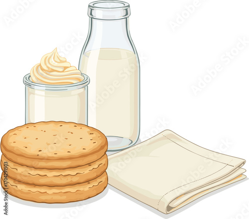 Classic Butter Biscuits with Milk Glass Vector
