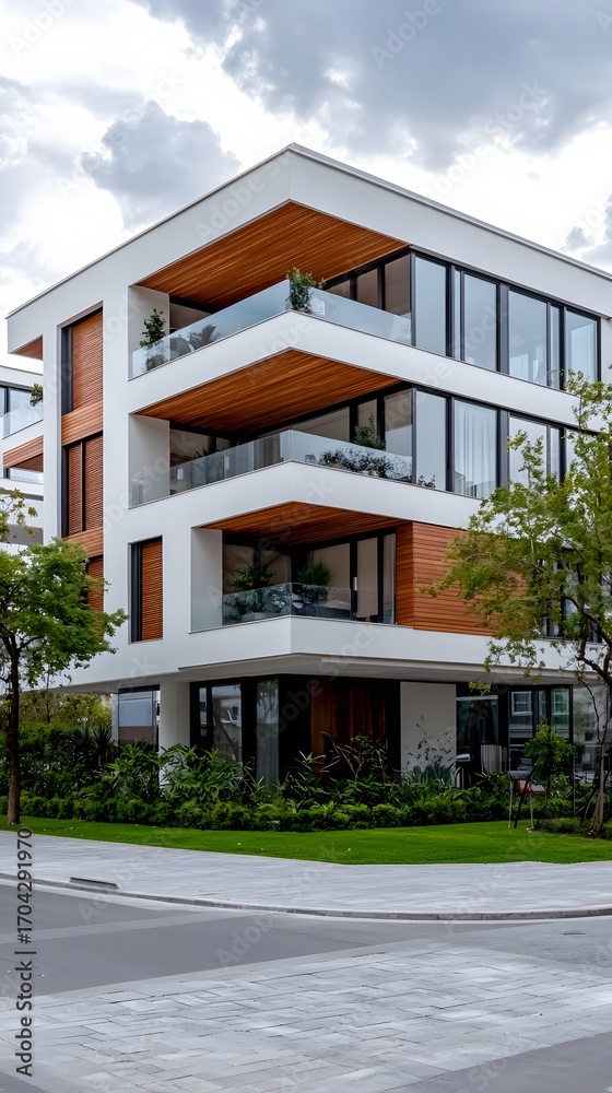Fototapeta premium Modern luxury building with wood accents and balconies