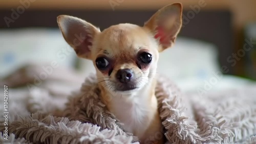 Chihuahua dog wrapped in a cozy blanket