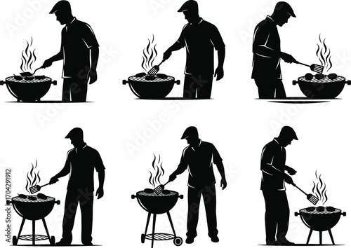 Man grilling barbecue silhouette vector set, outdoor BBQ cooking, summer grill party illustration, chef with spatula near smoker.