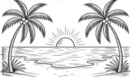 Tropical Island Scene Palm Trees Sunset Ocean Sea Beach Coastline Vacation Travel Vector