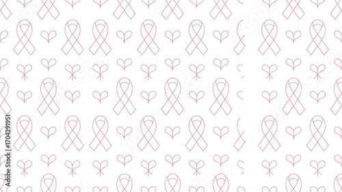 Seamless pattern featuring pink breast cancer awareness ribbons and hearts on a white background design